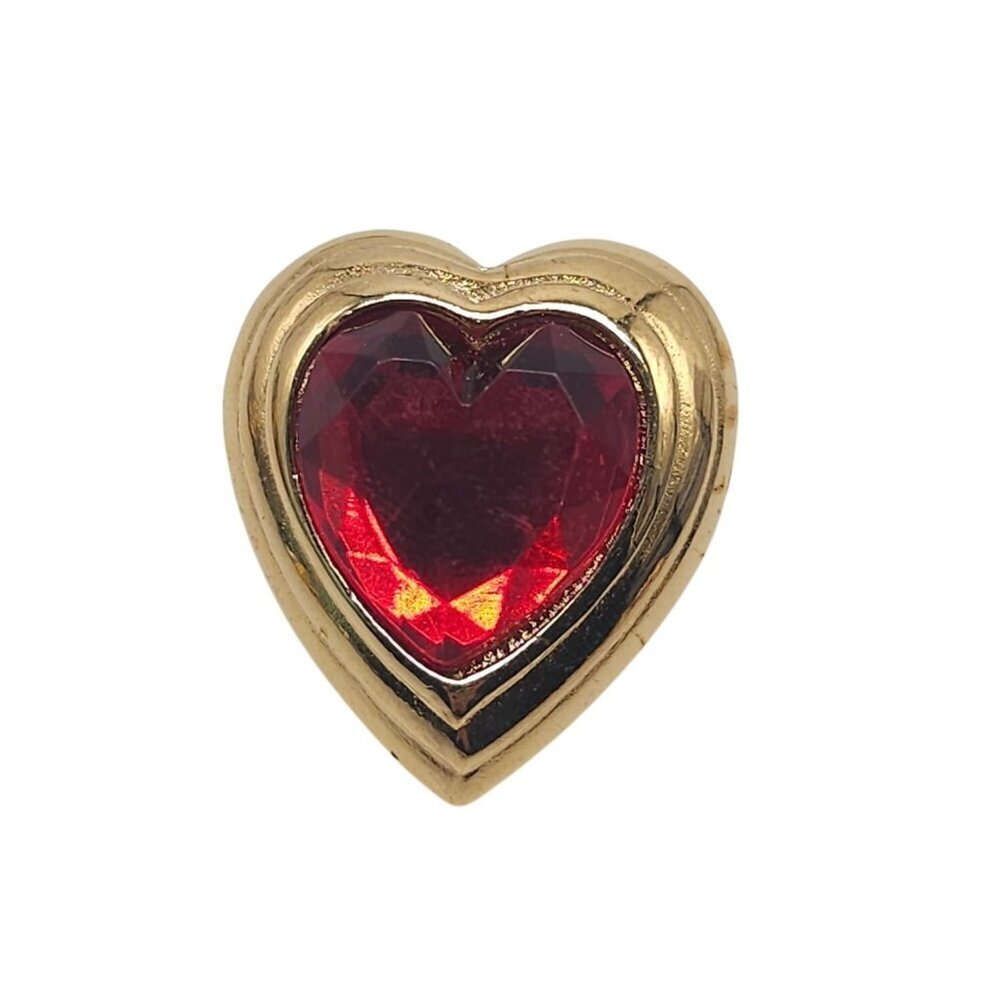 Heart Shaped Gold Tone Brooch With Red Gemstone Center